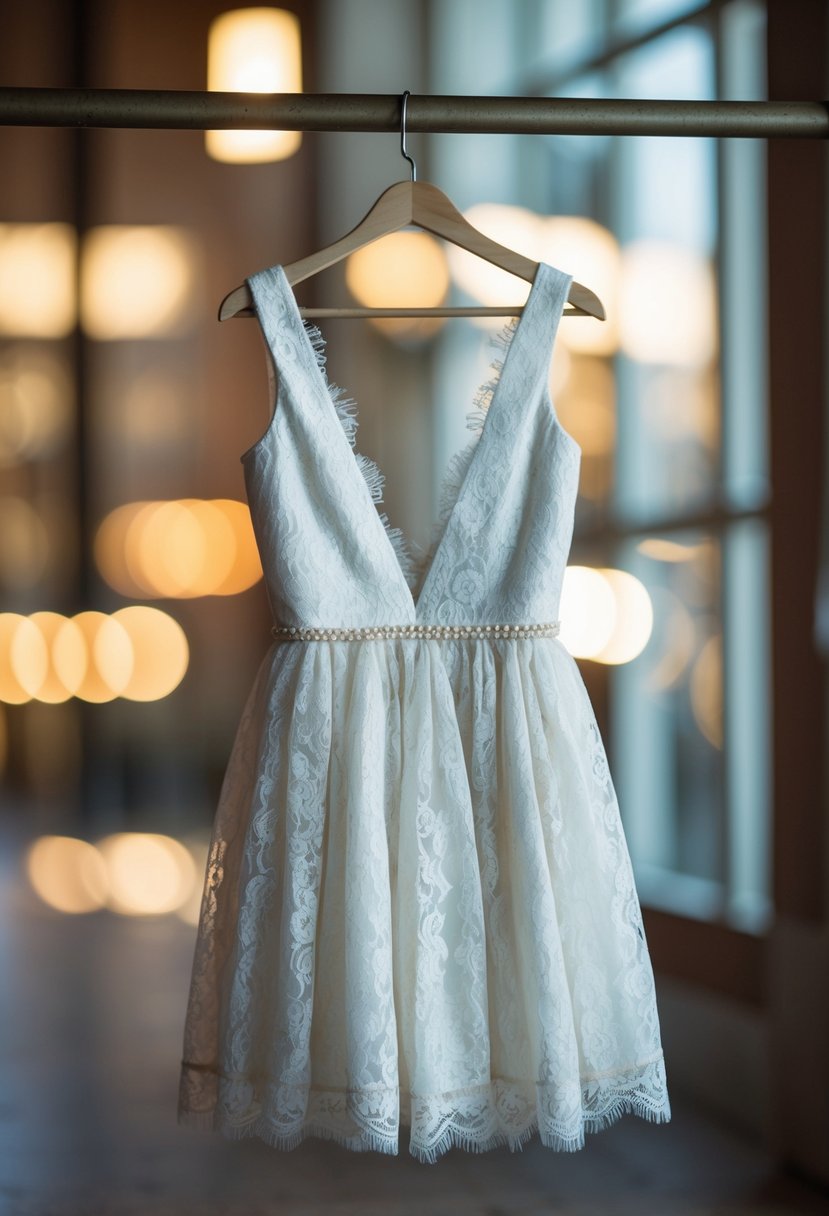 A lace overlay short dress displayed on a vintage coat rack