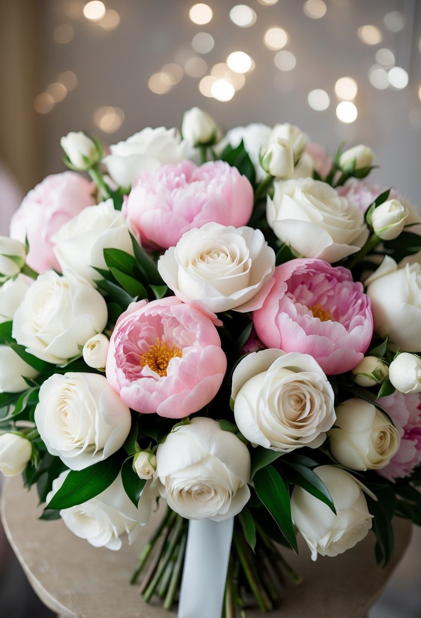 A bouquet of ivory roses and pink and white peonies arranged in an elegant, cascading style