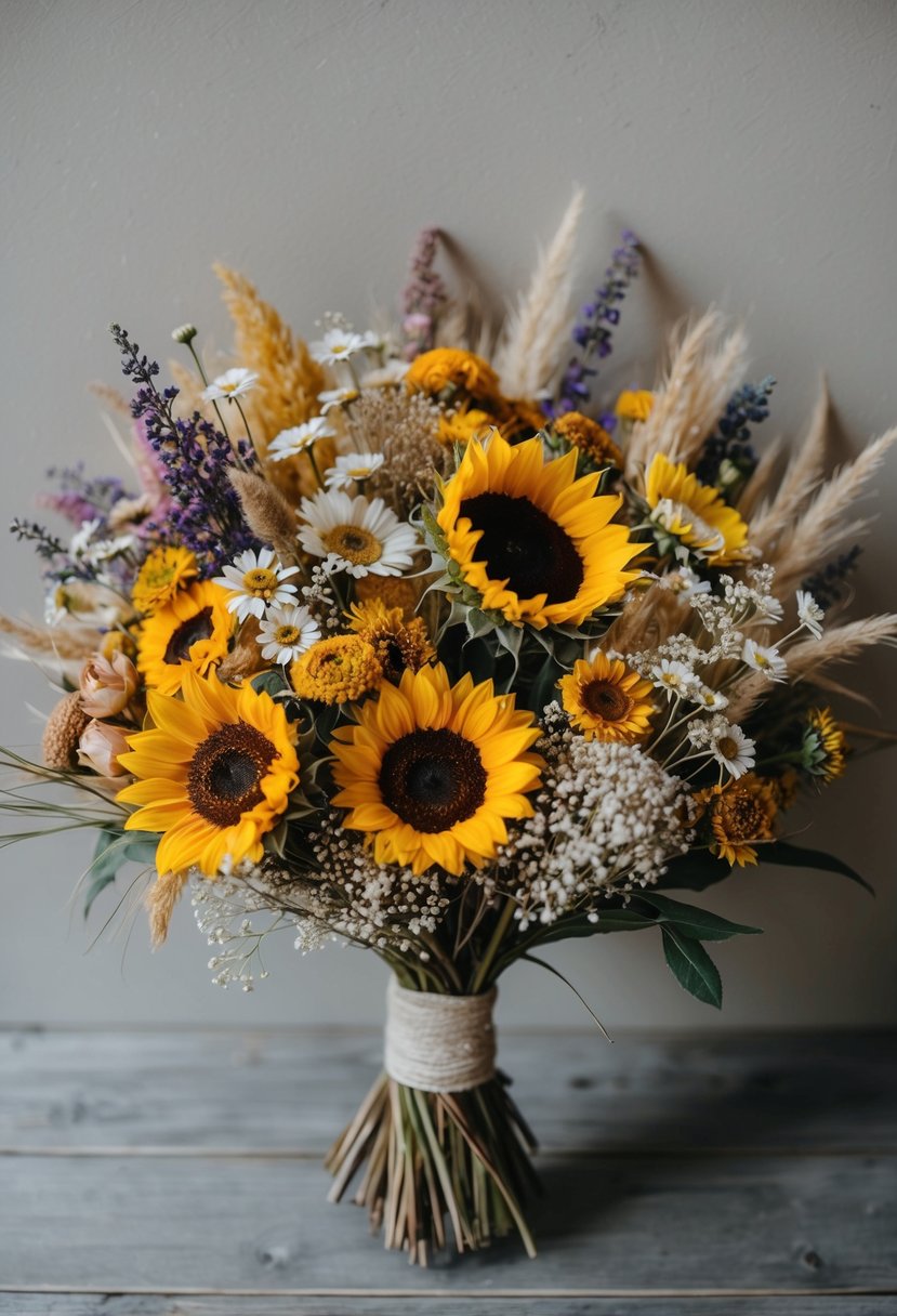 A colorful assortment of dried flowers, including sunflowers, daisies, and baby's breath, arranged in a loose and whimsical 70s-inspired wedding bouquet