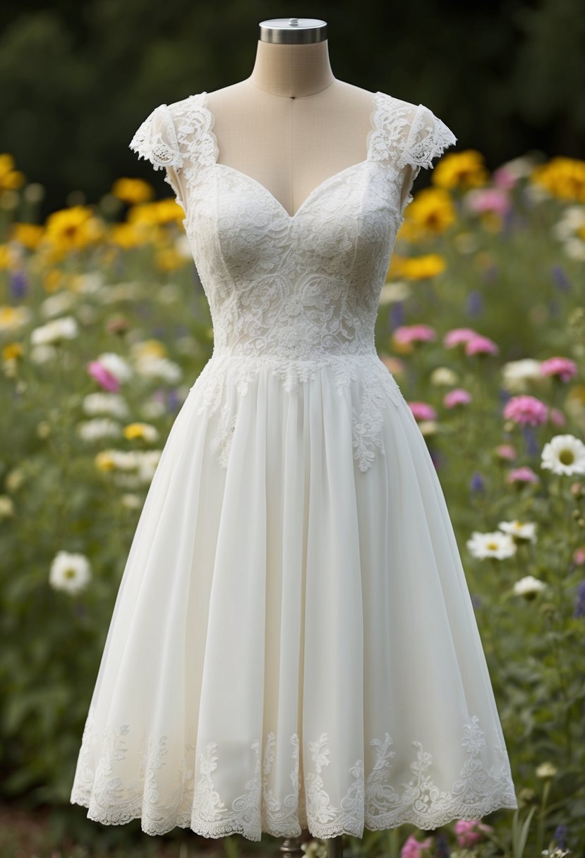 A vintage-inspired short wedding dress with cap sleeves, adorned with delicate lace and a sweetheart neckline, set against a backdrop of blooming wildflowers