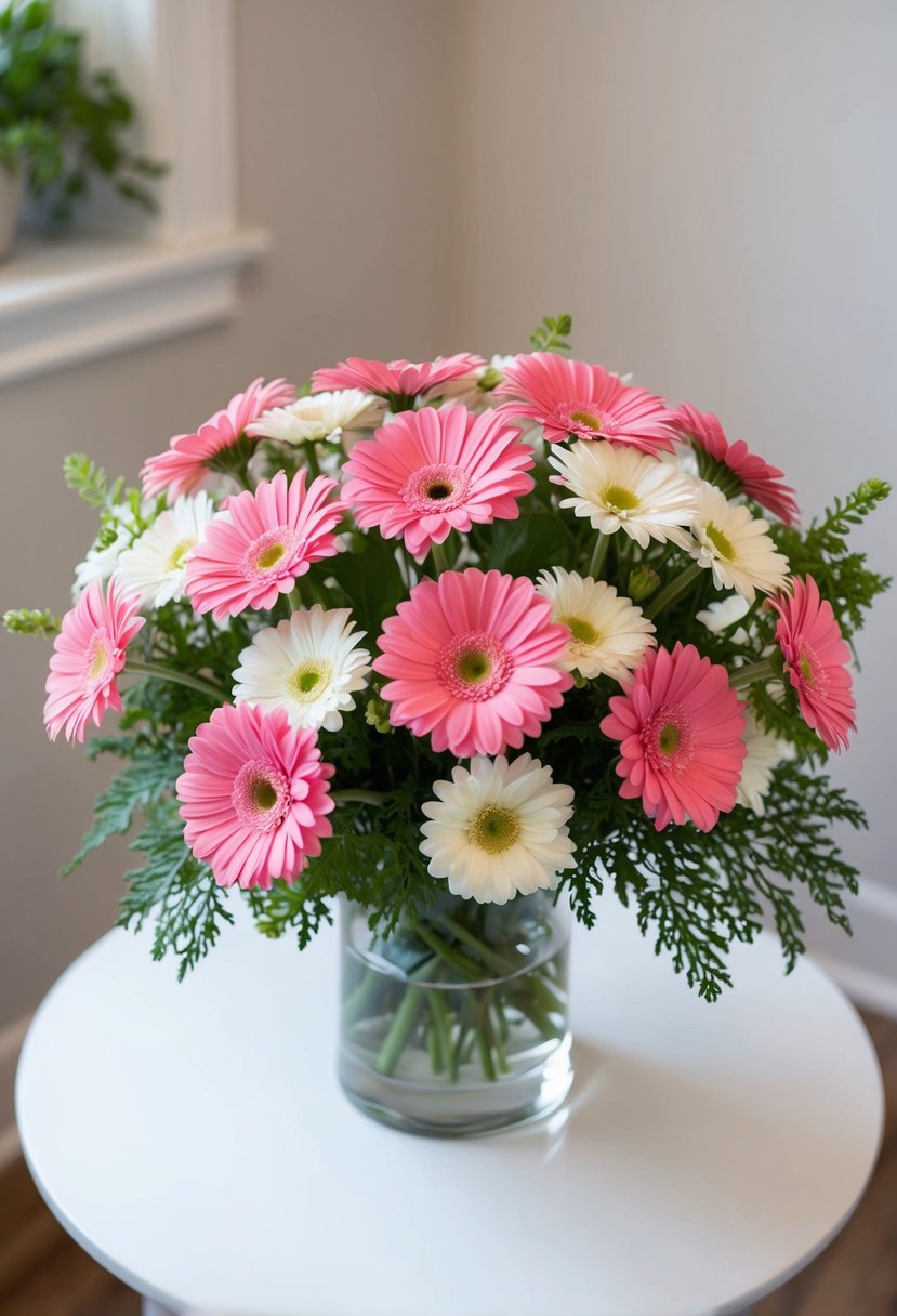 A vibrant arrangement of pink and white Gerbera daisies, with green foliage, in a clear glass vase on a white table