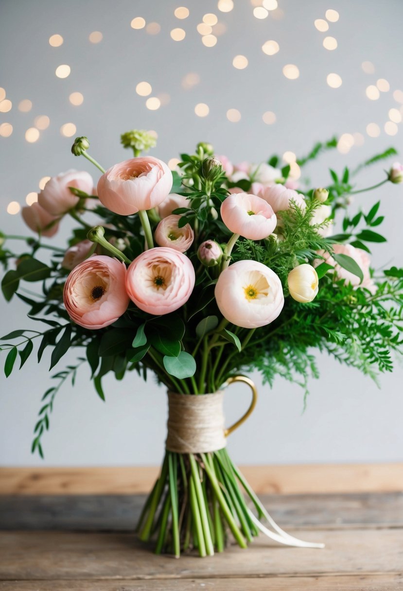 A vintage-inspired bouquet of blush pink ranunculus and greenery arranged in a 70s style