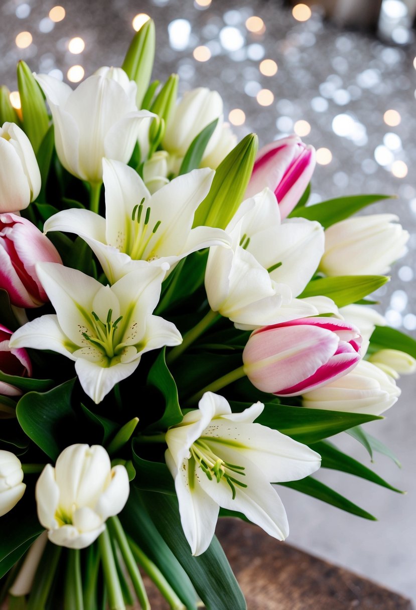 A bouquet of pure white lilies and pink and white tulips arranged in a beautiful and elegant wedding bouquet