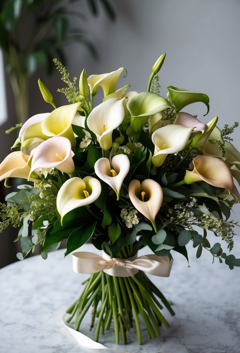 A lush bouquet of calla lilies in soft pastel colors, accented with delicate greenery and tied with a flowing satin ribbon