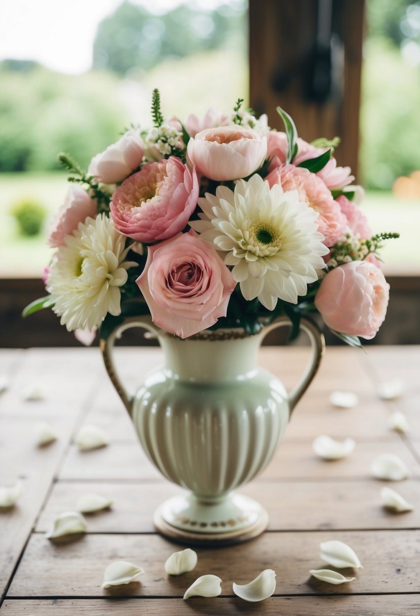 A pastel pink and white wedding bouquet sits in a vintage vase on a rustic wooden table, surrounded by scattered flower petals