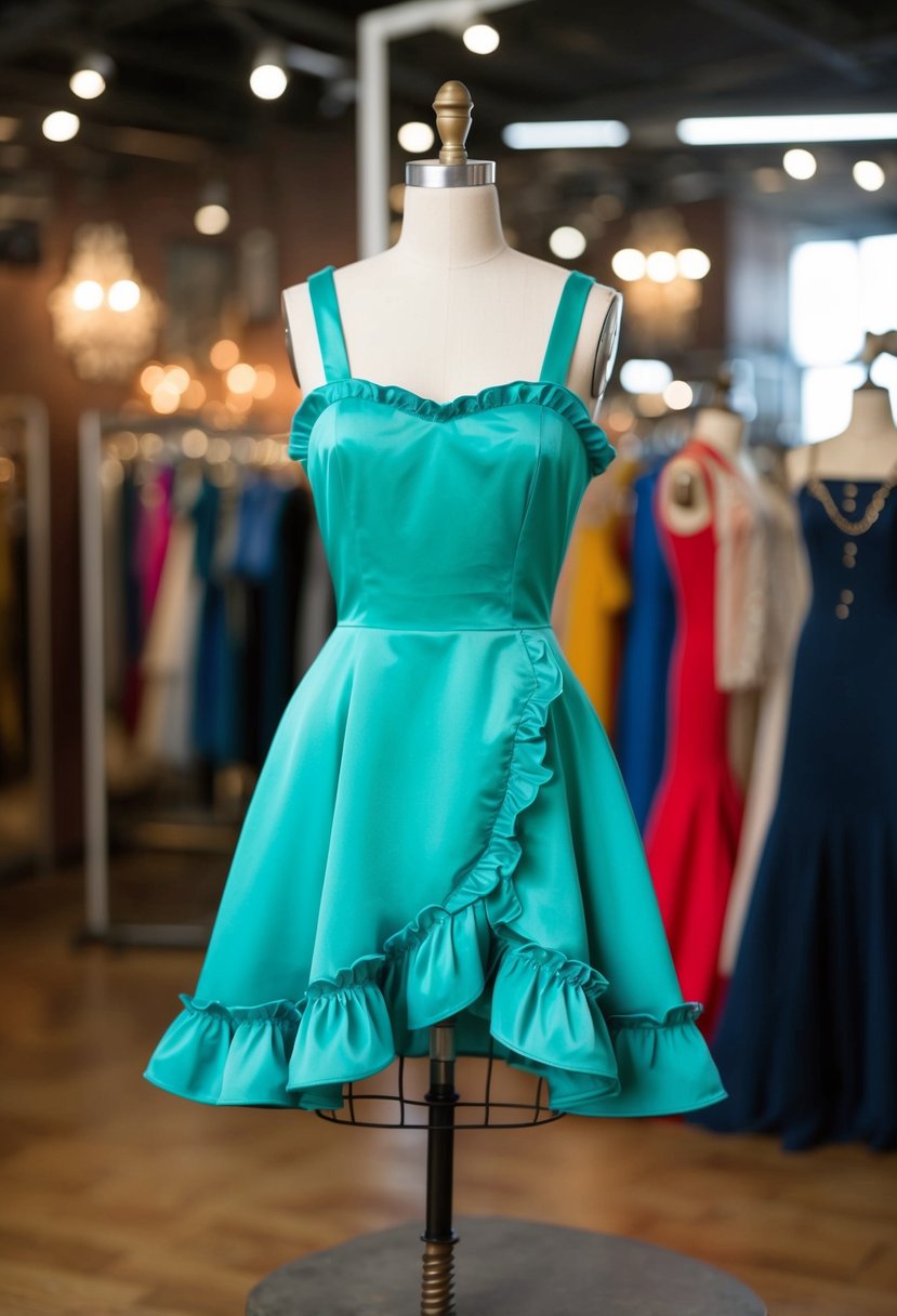 A ruffled hem mini dress displayed on a vintage dress form