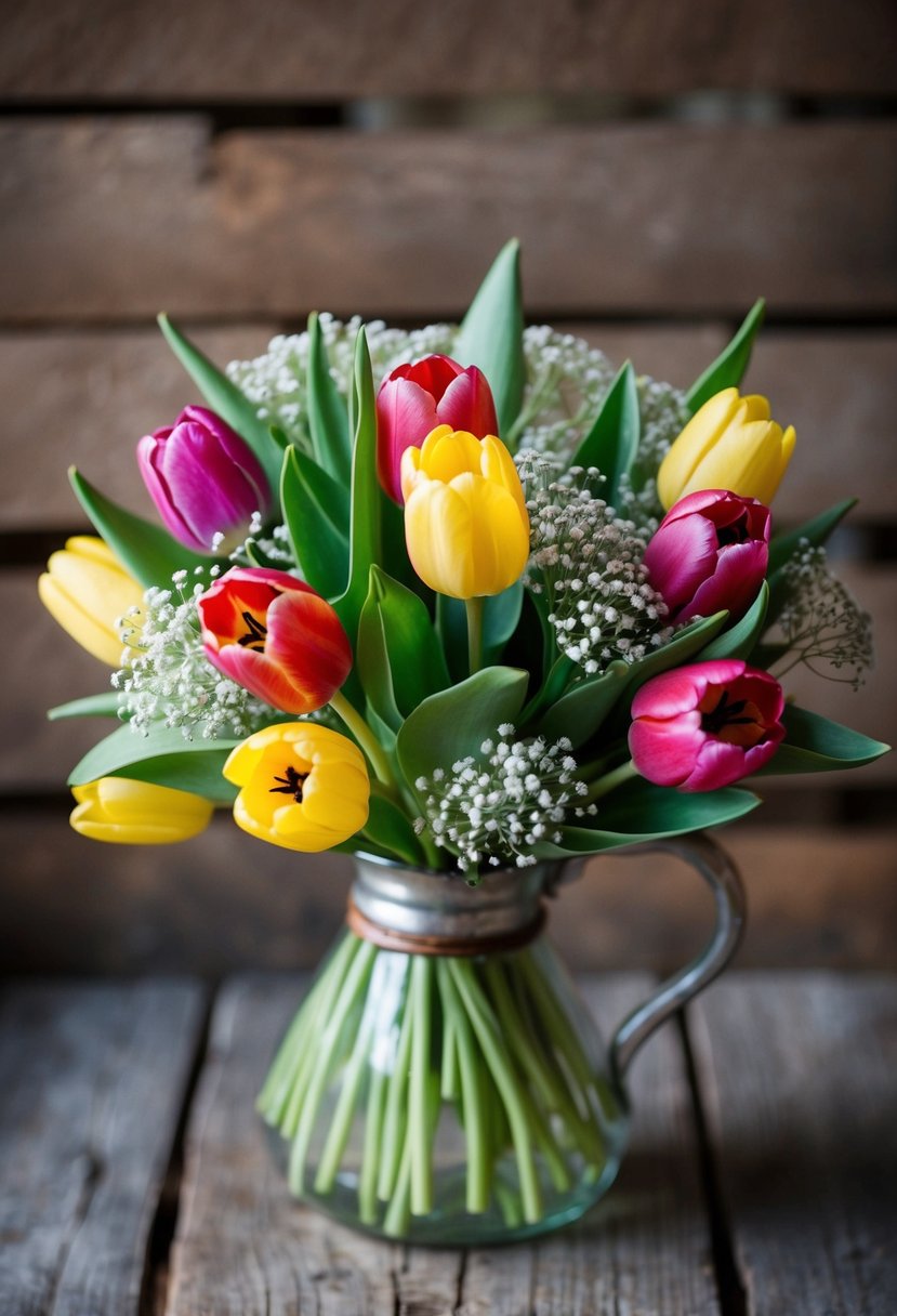 A vintage-inspired bouquet of vibrant tulips and delicate baby's breath arranged in a rustic, wildflower style