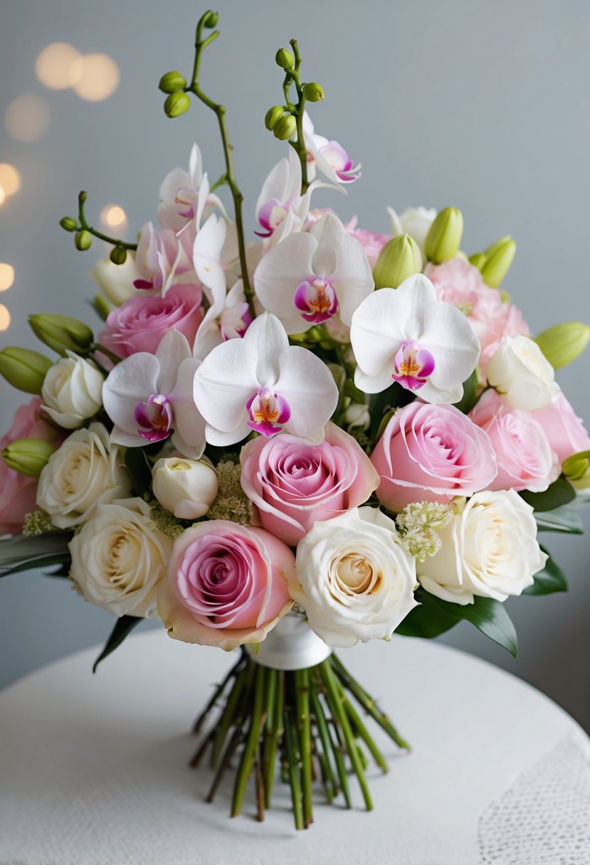 A delicate bouquet of pink and white roses and orchids, arranged in a romantic and elegant manner