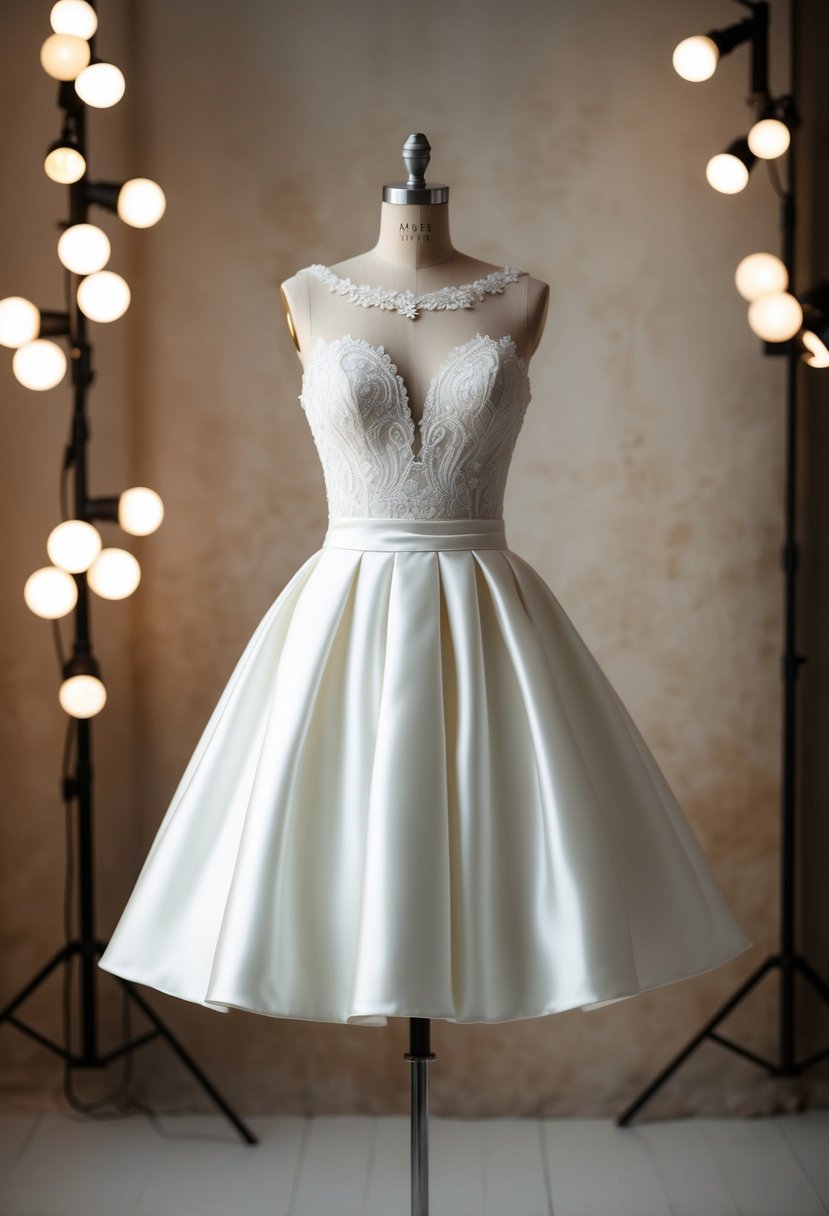 A short wedding dress with an illusion neckline, reminiscent of 90s fashion, set against a vintage backdrop with soft lighting