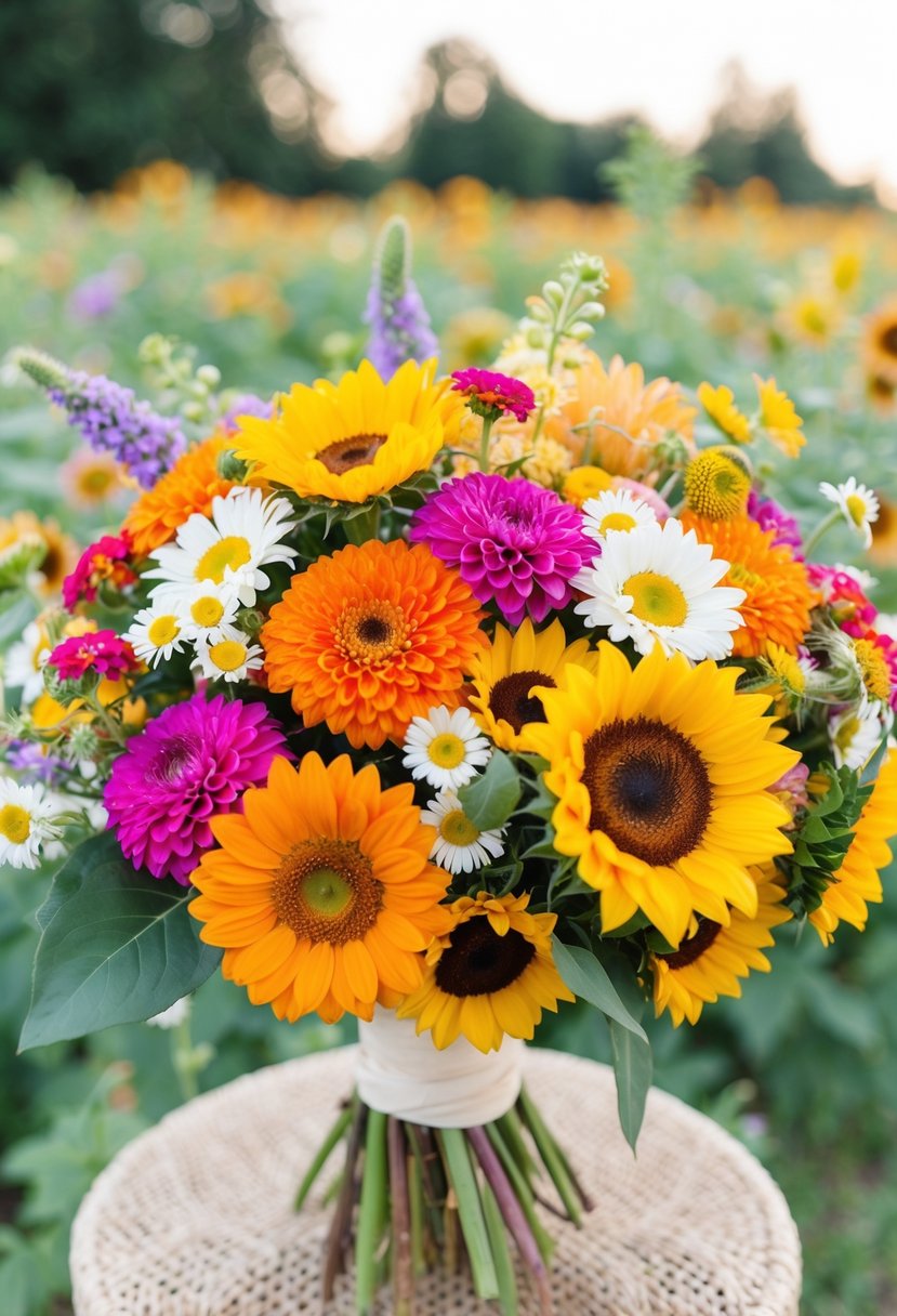 A colorful array of zinnias, daisies, and sunflowers in a bohemian-inspired wedding bouquet