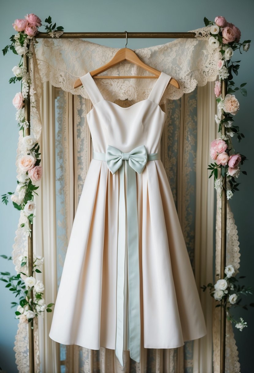 A tea-length dress with a bow detail hangs on a vintage coat rack, surrounded by delicate lace and floral accents