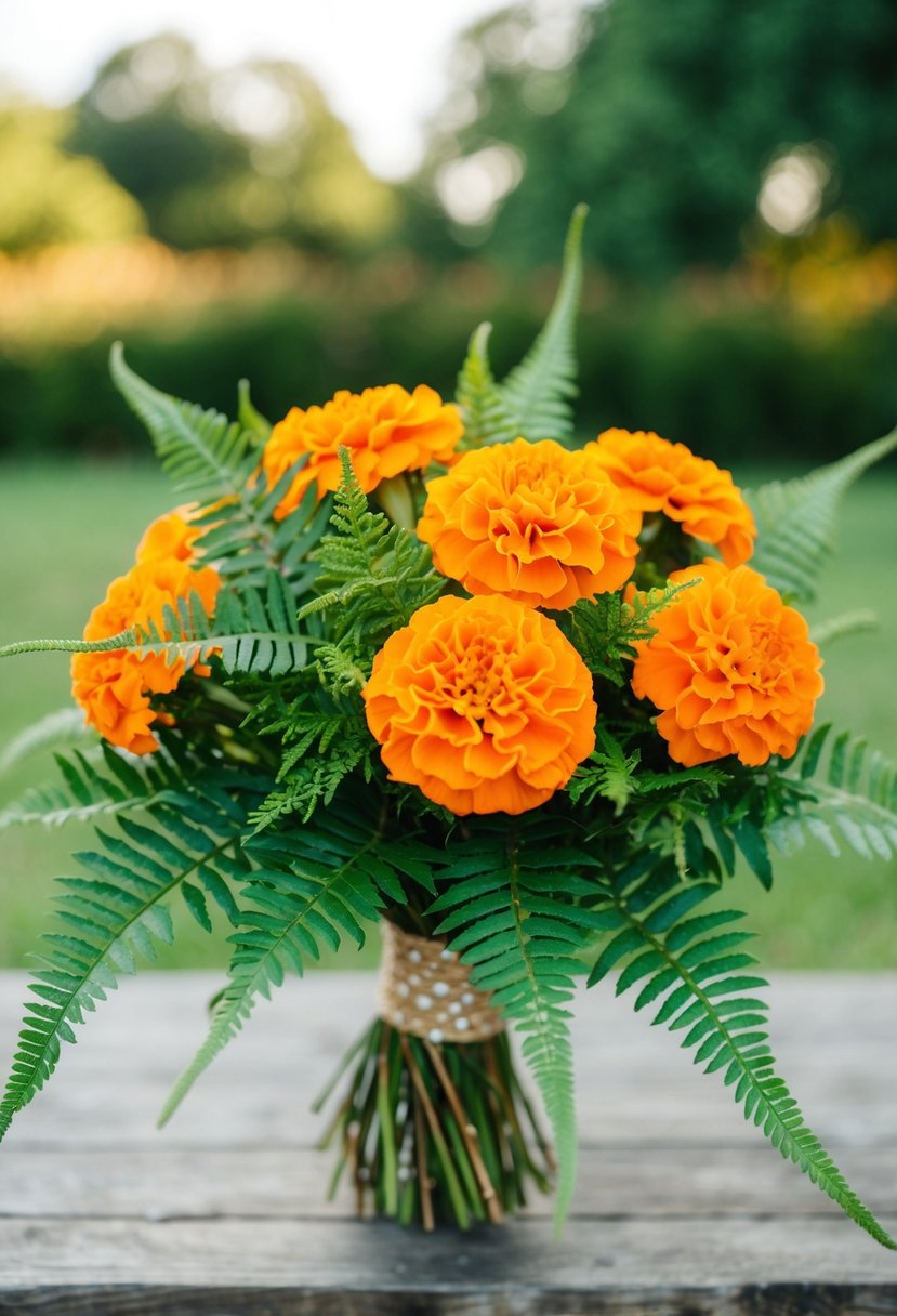 A vibrant bouquet of orange marigolds and lush ferns, evoking a 70s wedding aesthetic