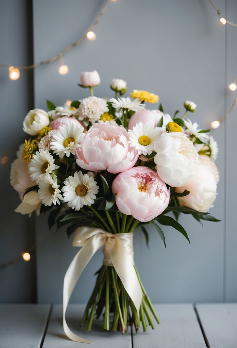 A vintage-inspired bouquet of peonies and daisies in soft pastel colors, tied with a satin ribbon