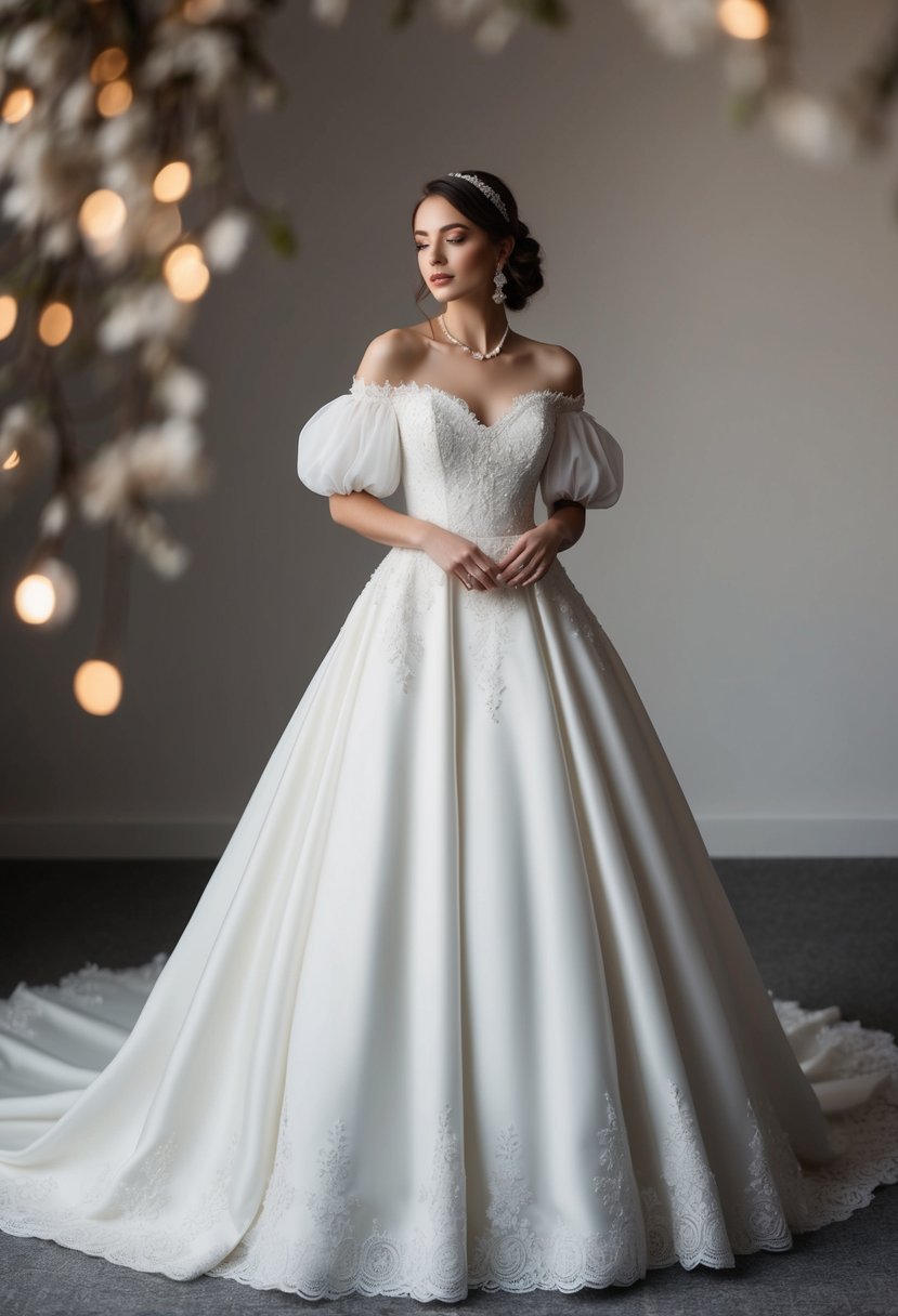 An elegant, off-the-shoulder wedding dress with puffy sleeves and a full, flowing skirt, adorned with delicate lace and pearl details