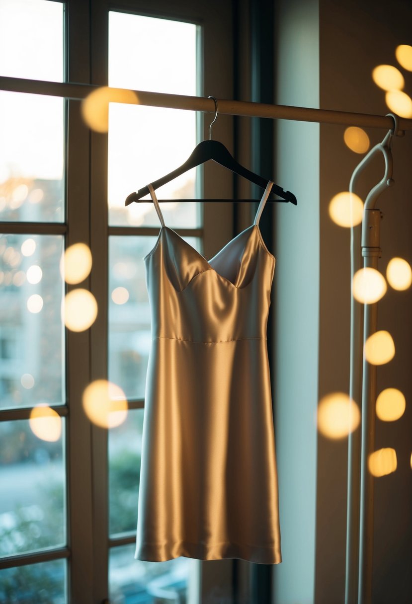 A satin slip dress hangs on a vintage coat hanger, bathed in soft, warm light from a nearby window