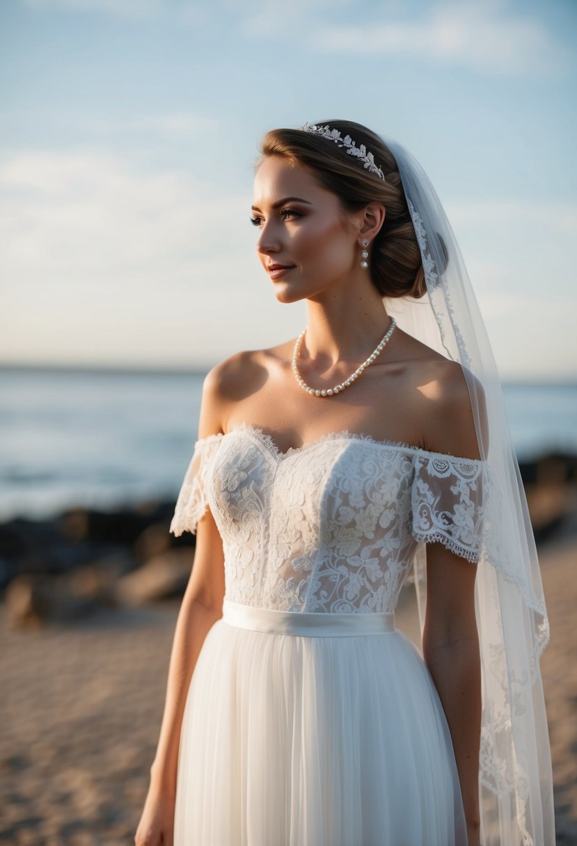 A flowing, off-the-shoulder wedding dress with lace details and a cinched waist, paired with simple pearl jewelry and a delicate veil