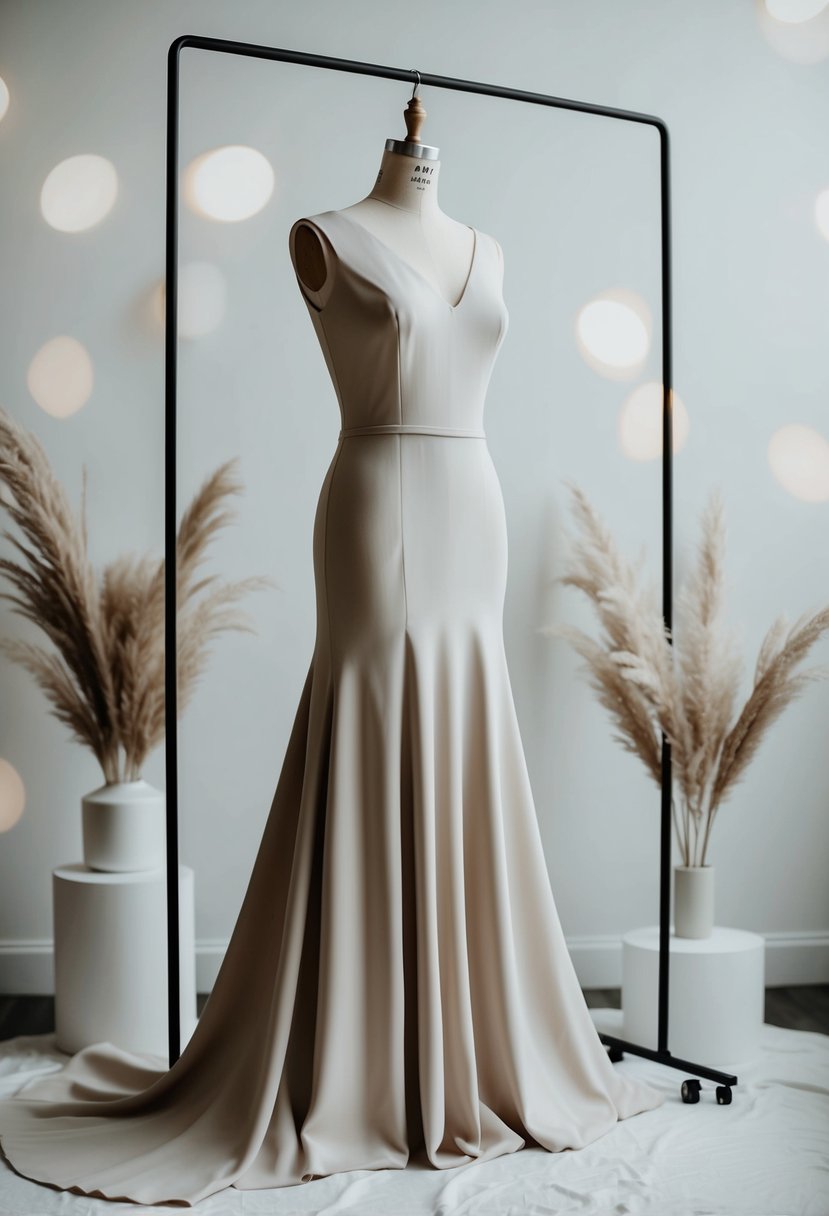 An elegant crepe column gown drapes over a mannequin, surrounded by minimalist 80s wedding decor