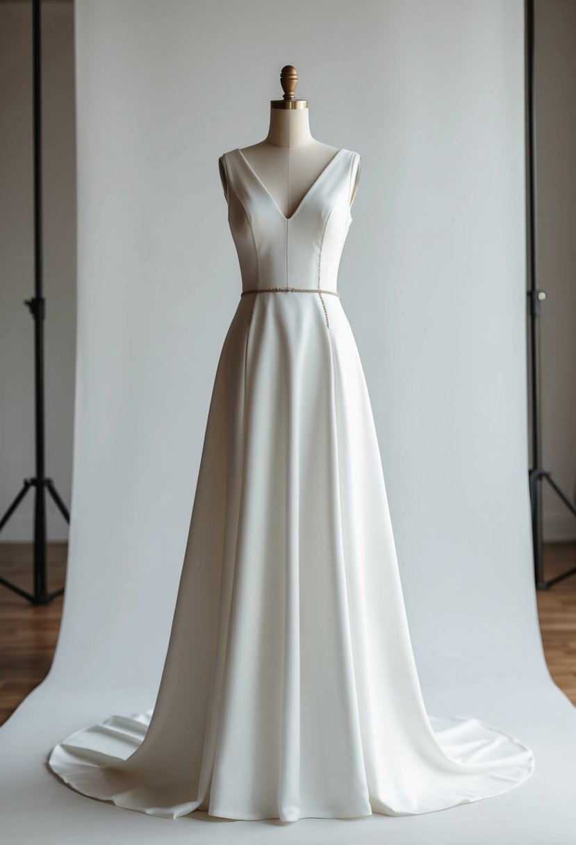 An elegant A-line dress with clean lines and minimal detailing, set against a simple backdrop with soft lighting