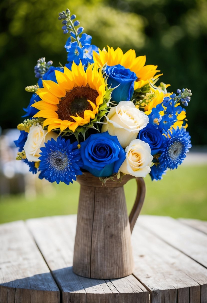 A yellow and blue wedding bouquet with sunflowers, roses, and delphiniums in a rustic wooden vase