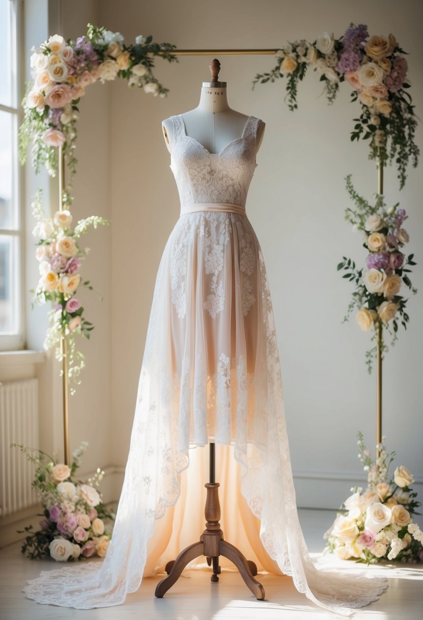 A lace overlay tea-length dress hangs on a vintage mannequin in a sunlit room, surrounded by delicate floral arrangements and soft pastel hues