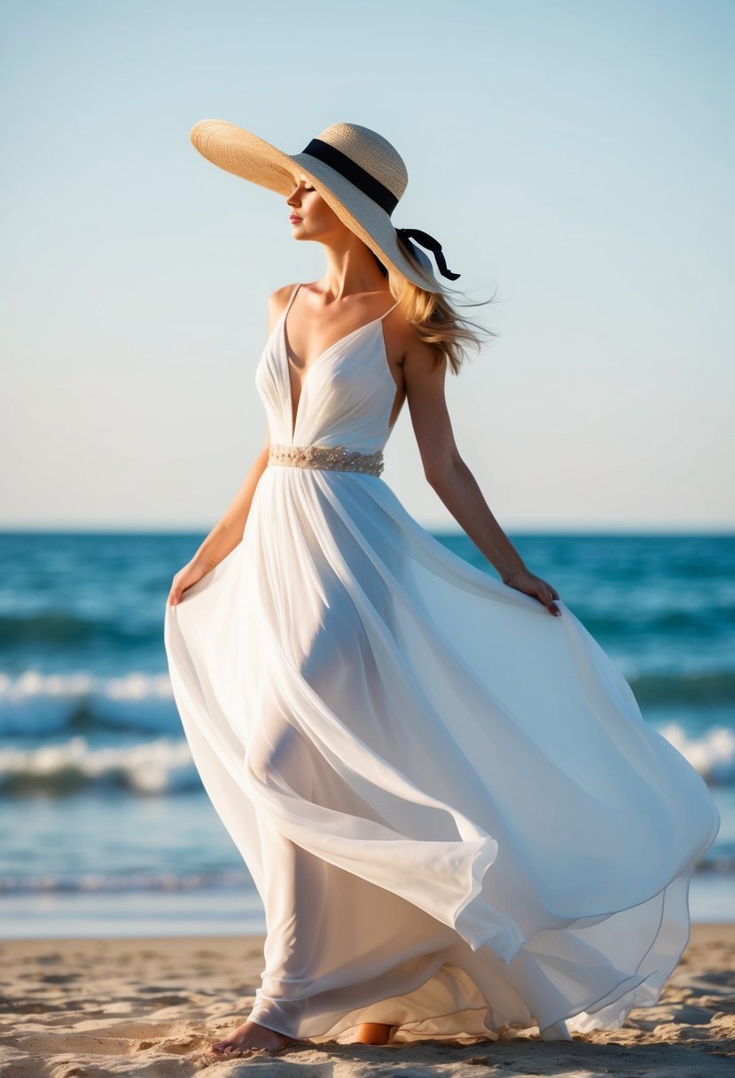 A white chiffon gown flowing in the sea breeze, with a wide brimmed straw hat resting on the sand