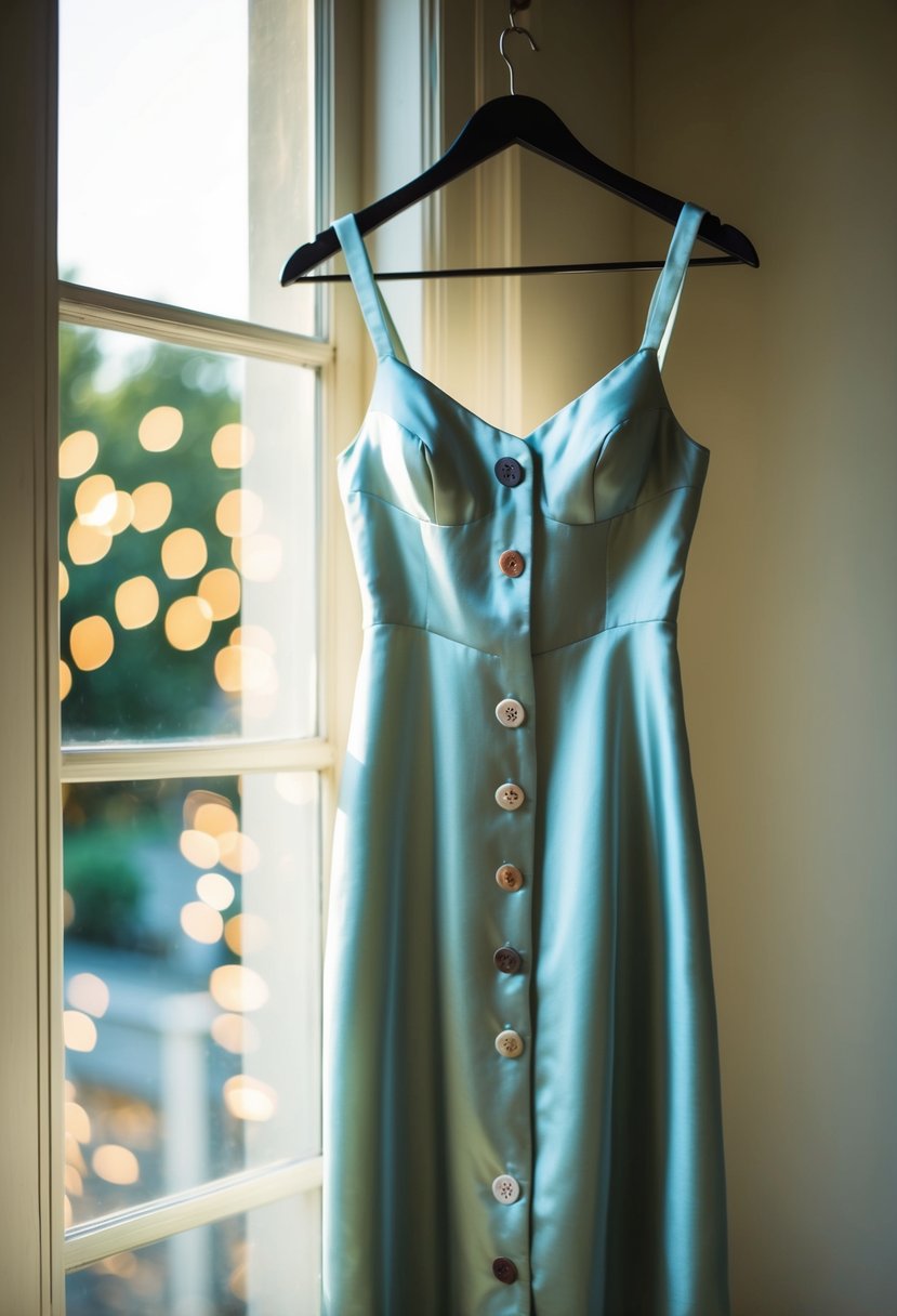 A silk slip gown with vintage buttons hangs on a hanger, illuminated by soft natural light from a nearby window