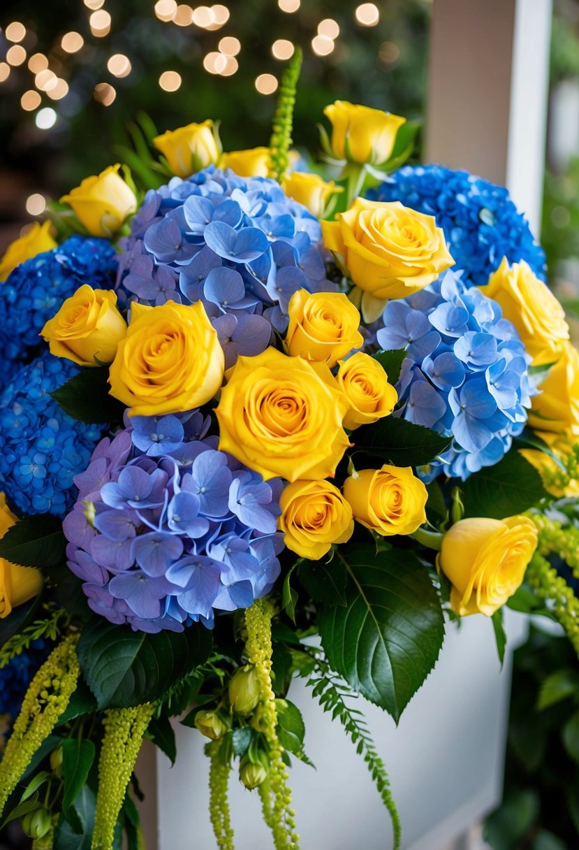 A lush bouquet of royal blue hydrangeas and vibrant yellow roses arranged in a cascading design