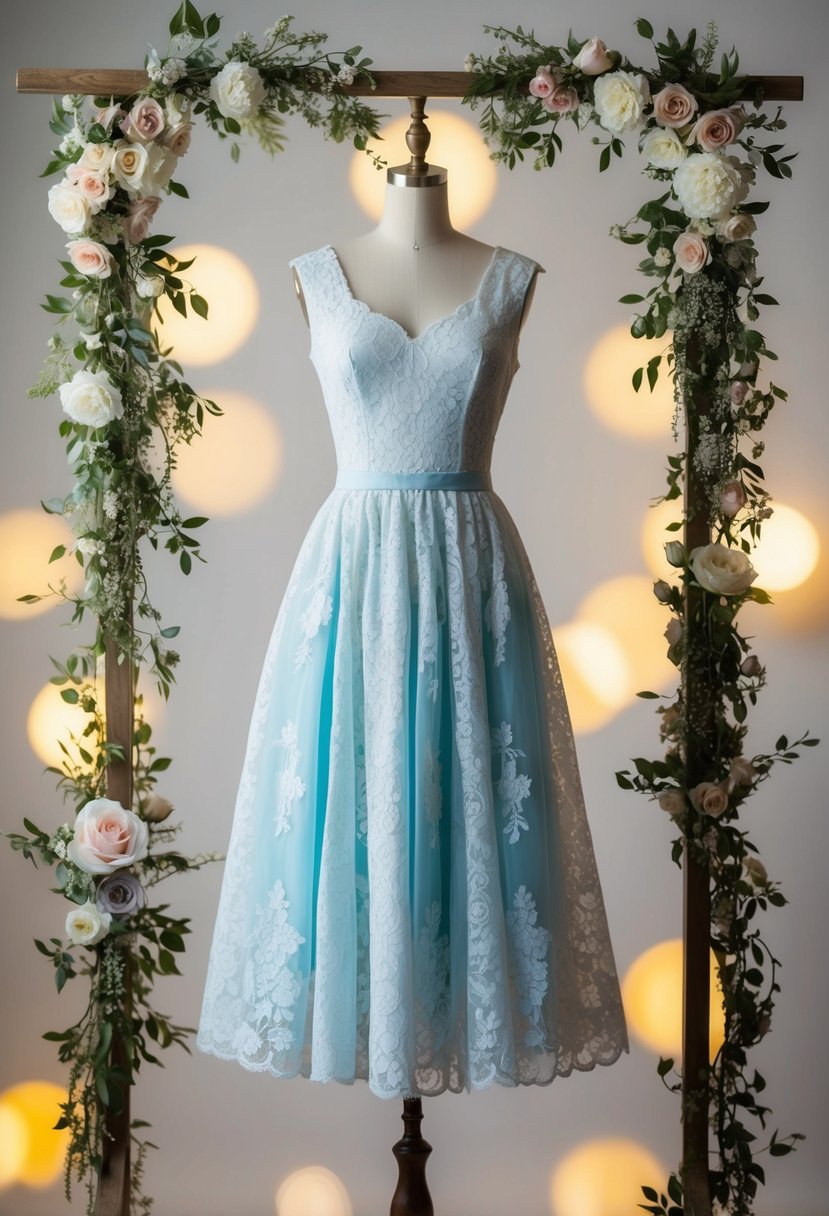 A lace tea-length dress hangs on a vintage mannequin, surrounded by delicate floral arrangements and soft lighting