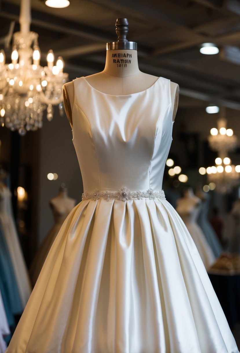 A vintage-inspired wedding dress displayed on a mannequin, with a round neckline and a flowing A-line silhouette, made of luxurious satin fabric