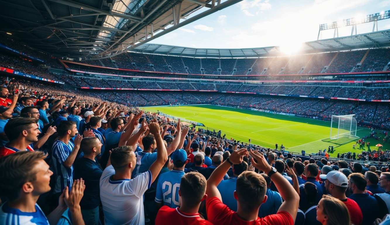 Sebuah stadion olahraga yang ramai dengan penggemar yang bersorak dan lapangan yang hidup