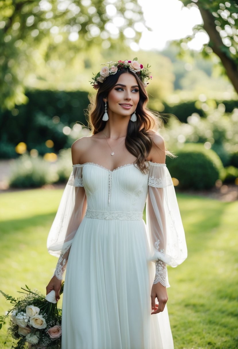 A flowy, off-the-shoulder wedding dress with puffy sleeves, delicate lace details, and a floral crown on a bohemian bride in a garden setting