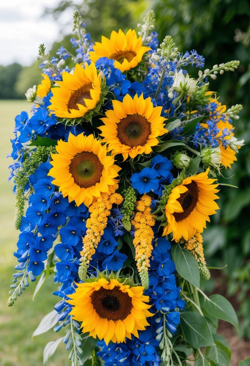 A vibrant cascade of sunflowers and blue delphiniums, interwoven with lush greenery, creates a stunning wedding bouquet