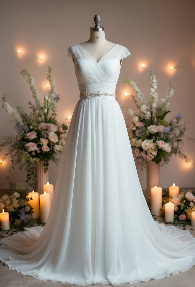 A chiffon empire waist wedding dress with cap sleeves, surrounded by delicate floral arrangements and soft candlelight