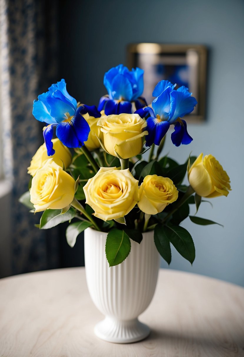 A bouquet of lemon yellow roses and blue irises arranged in a white vase