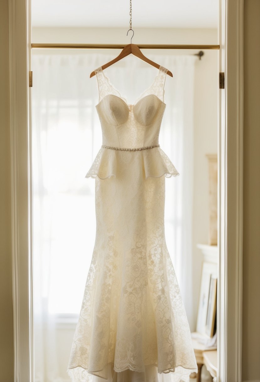 A vintage ivory lace mermaid wedding dress with a peplum detail, hanging on a mannequin in a softly lit room