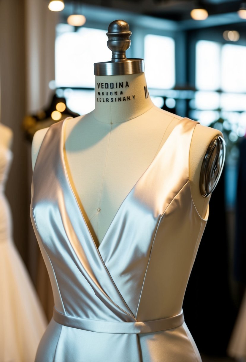 A mannequin wears a sleek 80s-style satin V-neck wedding dress, with simple and elegant design