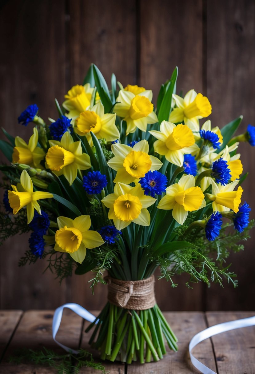 A vibrant bouquet of yellow daffodils and blue cornflowers arranged in a rustic, wildflower style, with greenery and ribbon accents