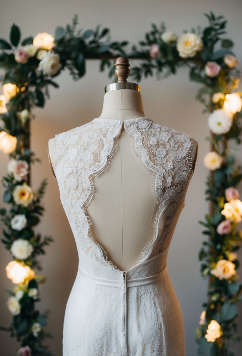 A high-neck lace dress with a keyhole back hangs on a vintage mannequin, surrounded by delicate floral arrangements and soft lighting