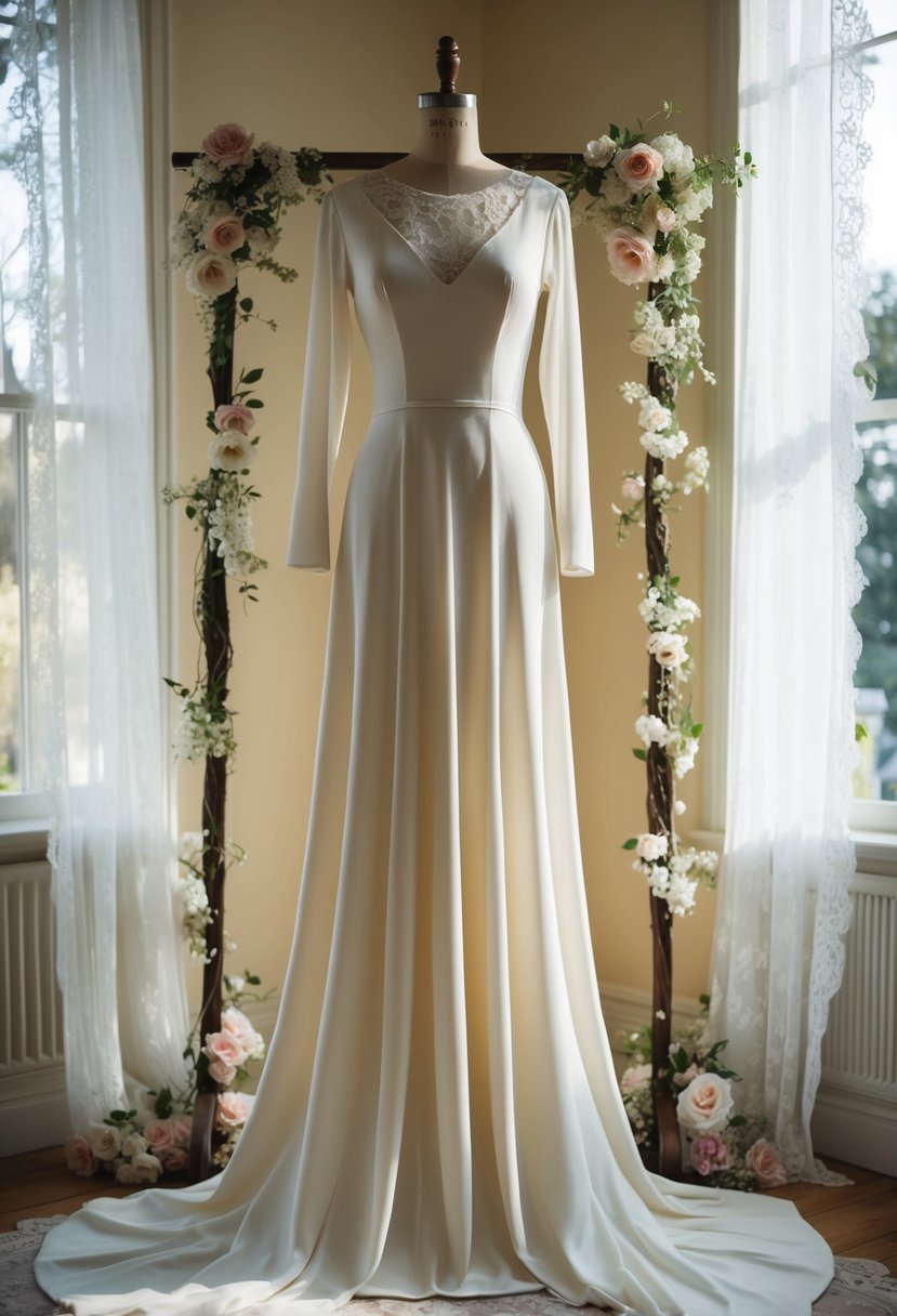 A long sleeve crepe gown hangs on a vintage mannequin in a sunlit room, surrounded by delicate lace and floral accents