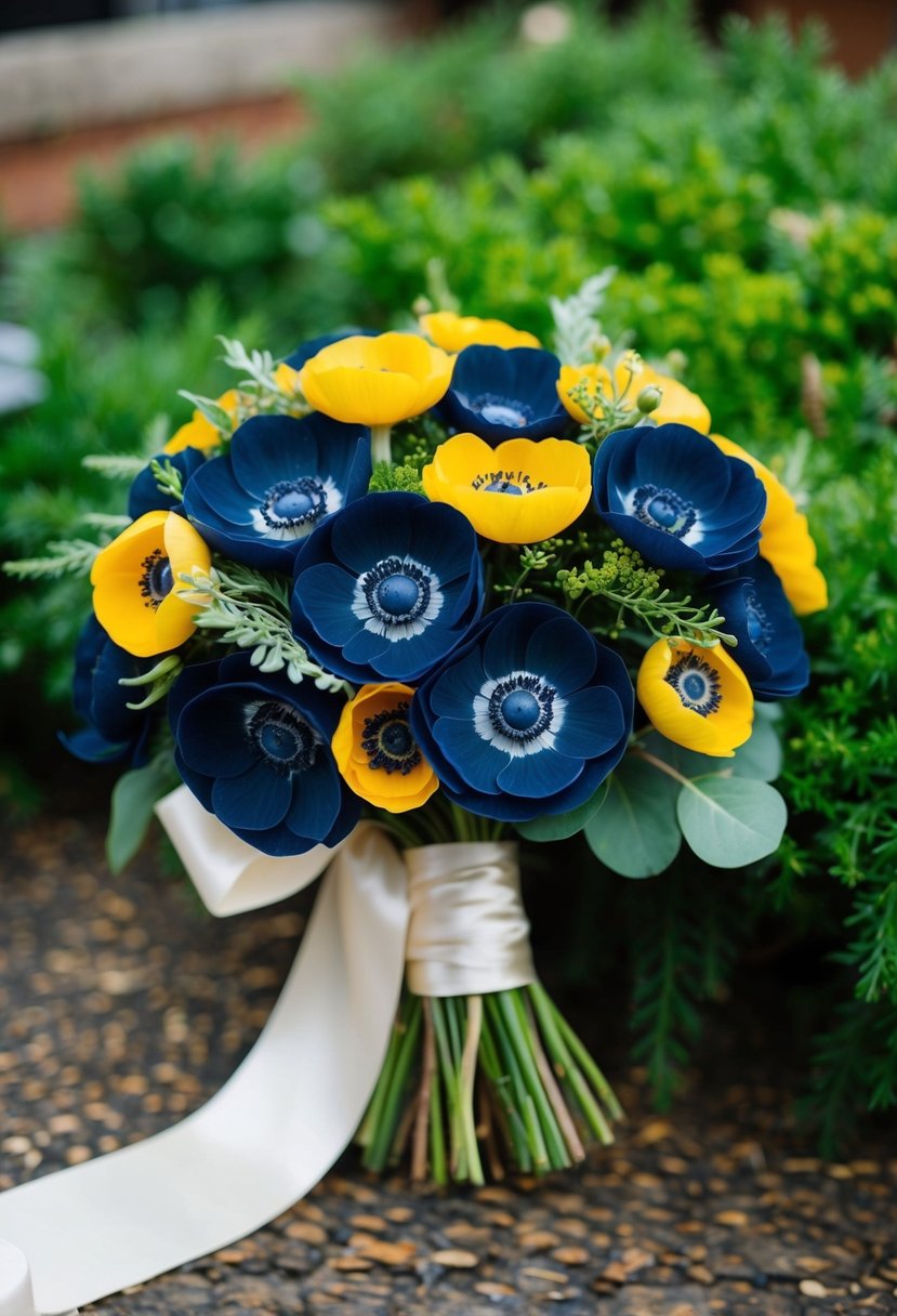 A vibrant bouquet of navy and mustard anemones, accented with greenery and tied with a flowing ribbon