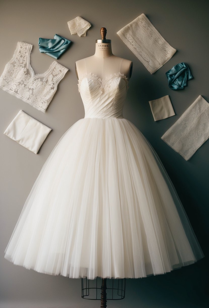 A 1950s-inspired tulle ball gown hangs on a vintage dress form, surrounded by delicate lace and silk fabric swatches