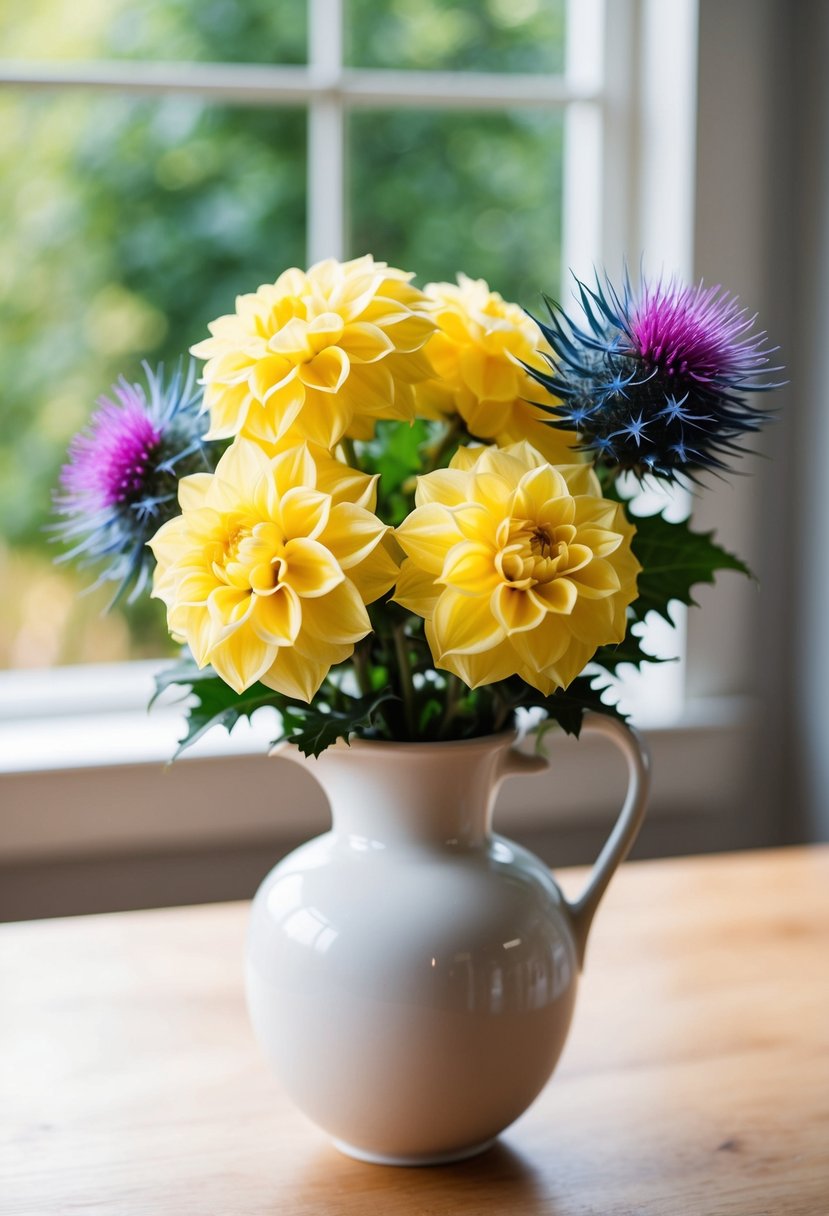 A butter yellow dahlia and blue thistle bouquet in a white vase