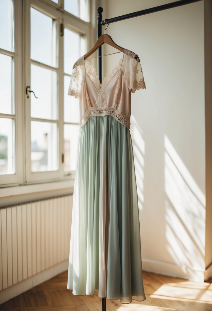 A flowing chiffon dress hangs on a vintage mannequin in a sunlit room. Delicate lace details and a soft pastel color evoke 80s simplicity