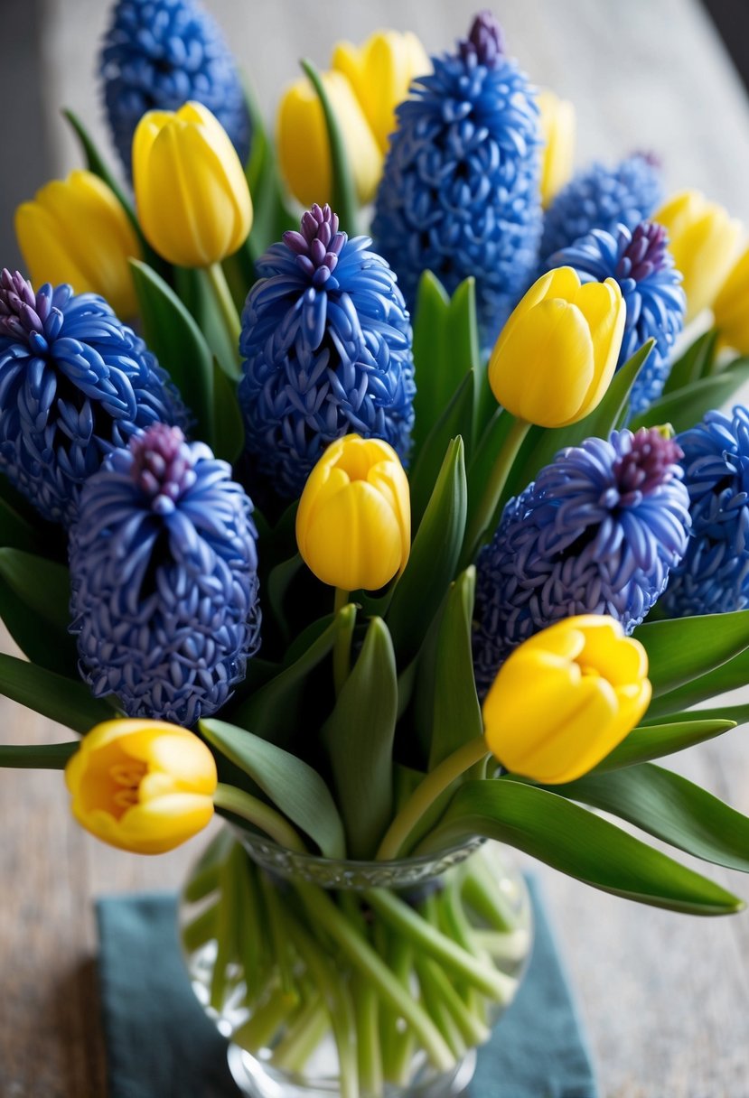 A vibrant bouquet of blue hyacinth and butter yellow tulips