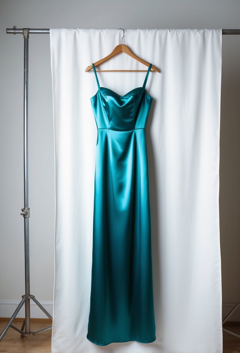 A satin maxi dress hangs on a vintage coat hanger against a plain backdrop, with soft natural light illuminating its simple 80s design