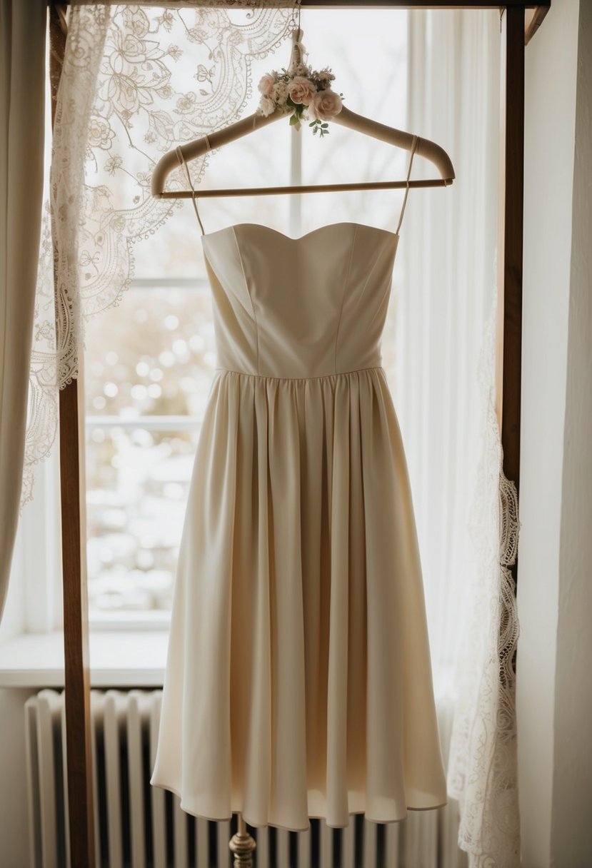 A simple, elegant strapless dress hangs on a vintage mannequin, surrounded by soft, romantic lighting and delicate lace details