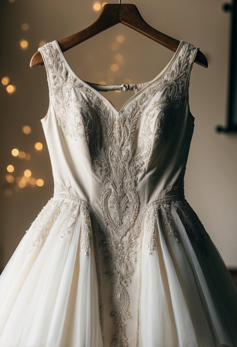 An elegant 80s vintage wedding dress with intricate embroidered details, inspired by antique fashion, hangs on a vintage wooden dress form