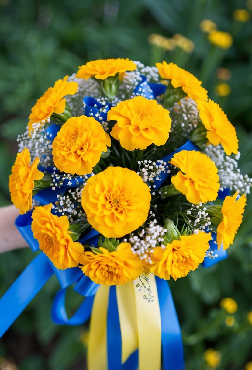 A bouquet of vibrant yellow marigolds and delicate baby's breath, arranged in a swirling pattern, with blue ribbons cascading down