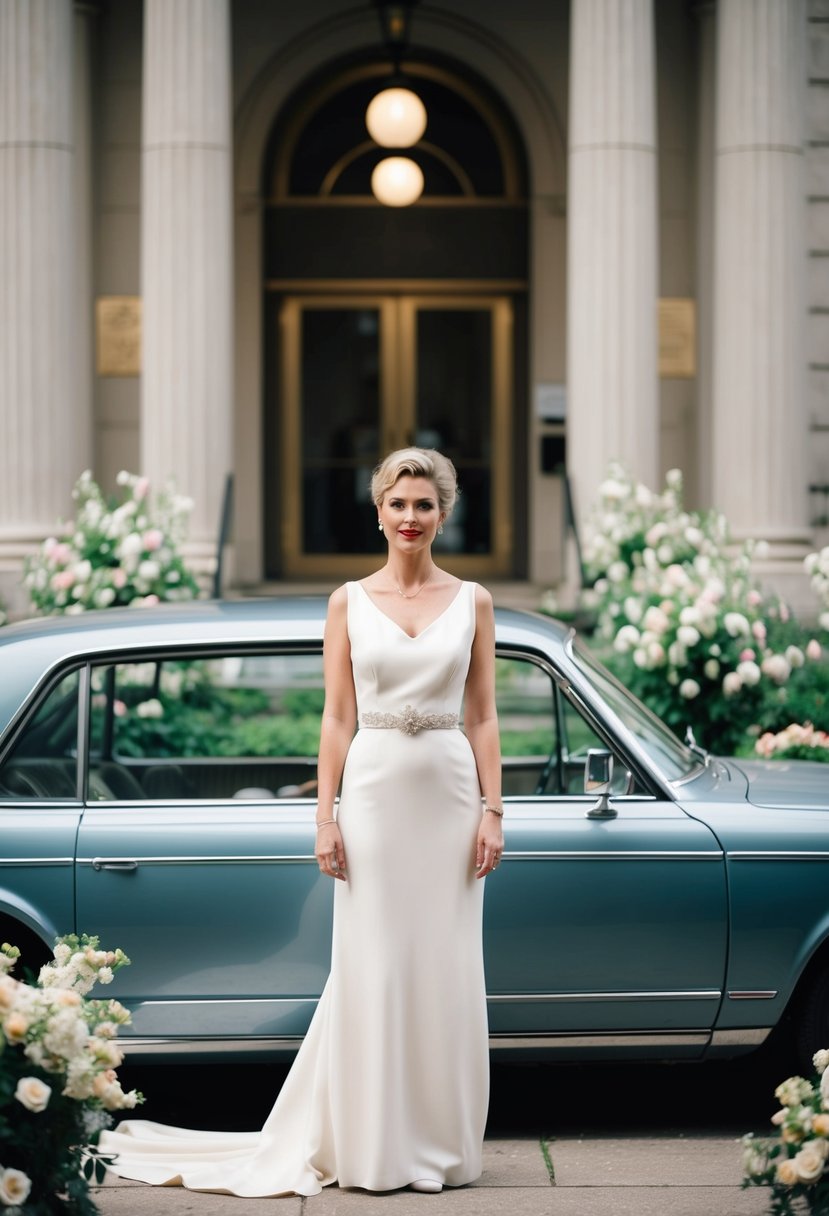 A bride in a simple 80s-style wedding dress stands outside a courthouse, surrounded by blooming flowers and a vintage car