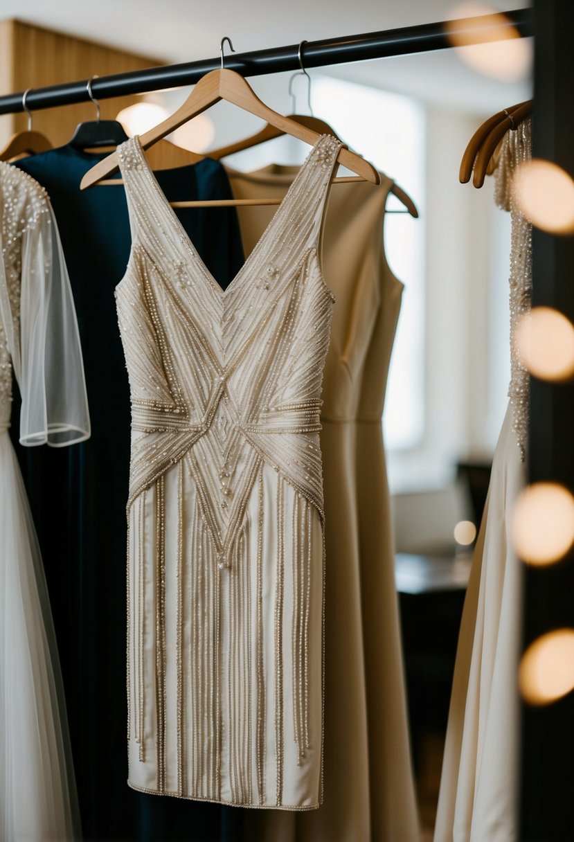 A sleek, beaded Art Deco style wedding dress from the 80s, with geometric patterns and a simple silhouette, hanging on a vintage clothing rack